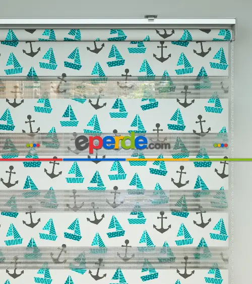 Çapa Ve Gemi Desen Baskılı Zebra Perde- Yeşil