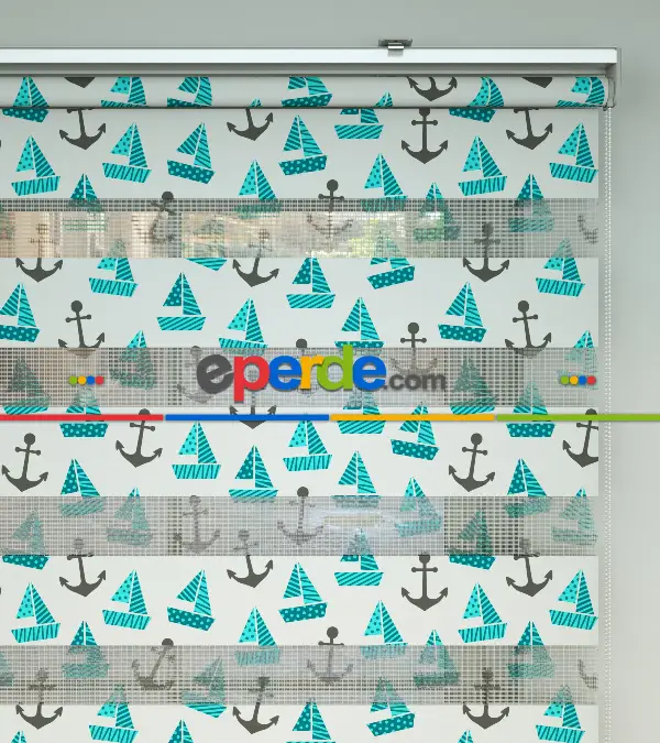 Bebek Odası Zebra Perde - Çapa Ve Gemi Desen Baskılı Zebra Perde- Yeşil