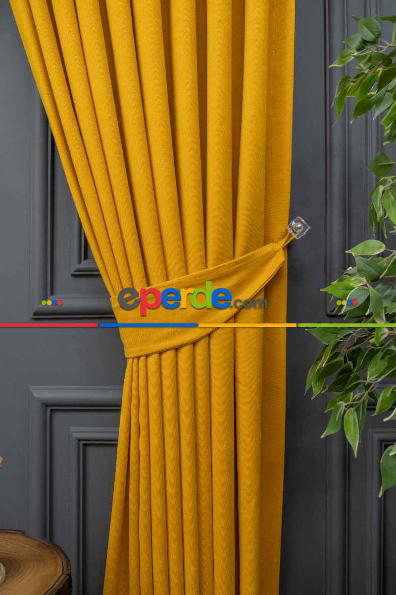 Salon - Sarı Rengi Düz Fon Perde Dökümlü Fon Perde