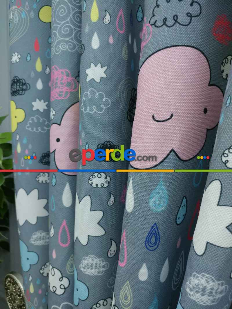 Bulut Ve Damla Desenli Fon Perde Evm680 Kumaşı Kalındır Duck Bezi Değildir- Siyah-Gri-Füme-Antrasit-Sarı