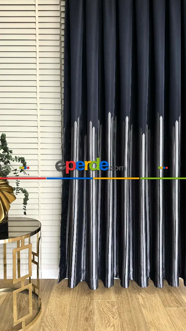 Lacivert Gri Çizgili Jakar Dokuma Fon Perde