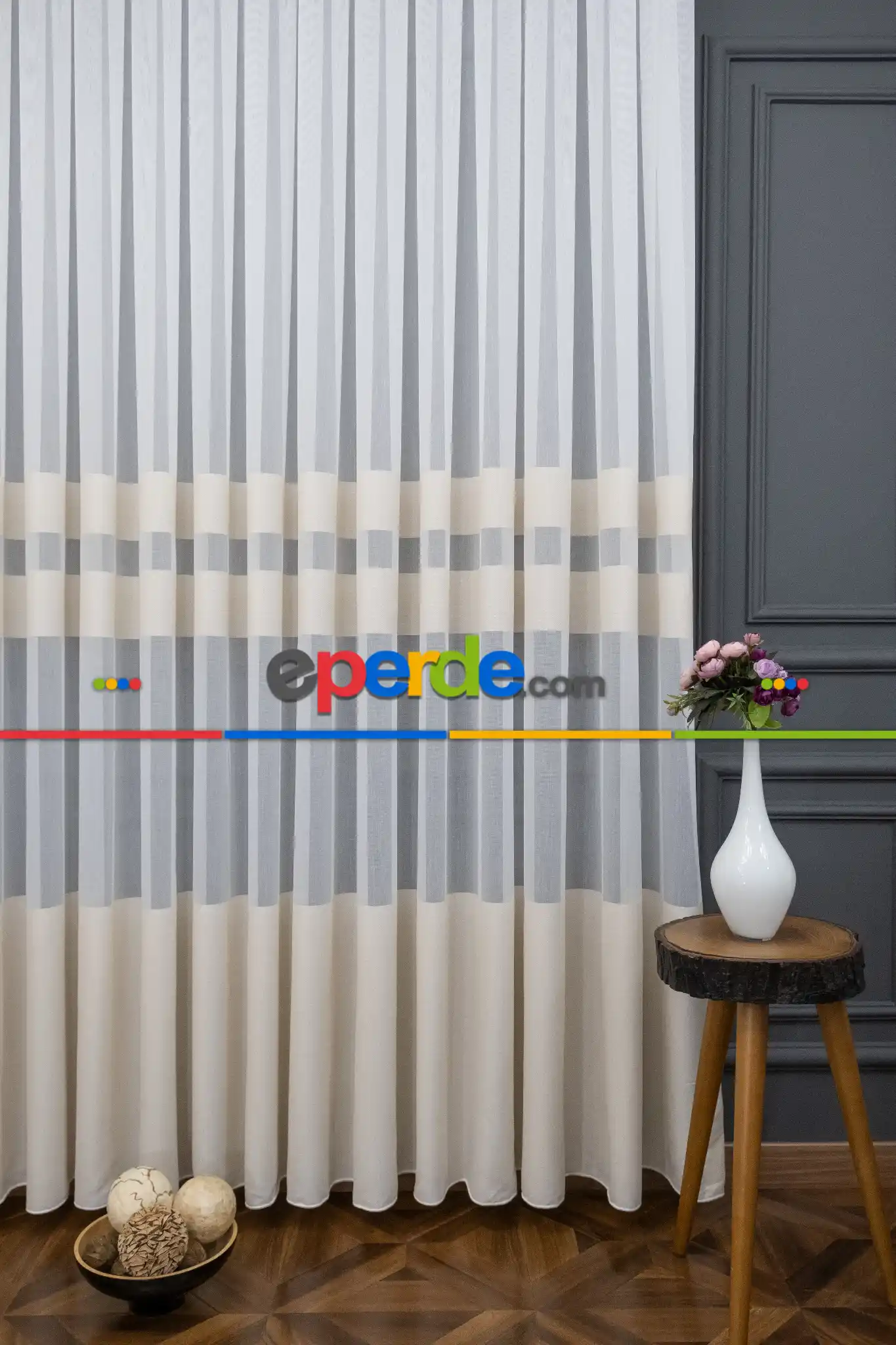 Mutfak Tül - Modern Bantlı Krem Tül - Yüksek Kalite Tül - Enine Çizgili