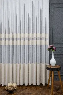 Yatak Odası - Modern Bantlı Krem Tül - Yüksek Kalite Tül - Enine Çizgili