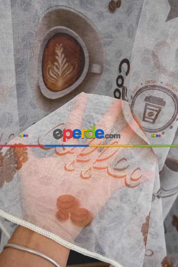 Mutfak Perdesi Kahve Fincan Desenli Tasarım Desen Model Kafe Tül Perdesi - Kurşunlu Tül
