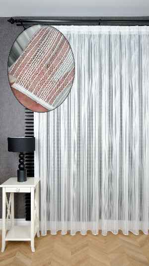 Ekru Zincir Çizgilli Gümüş Simli Tül Perde