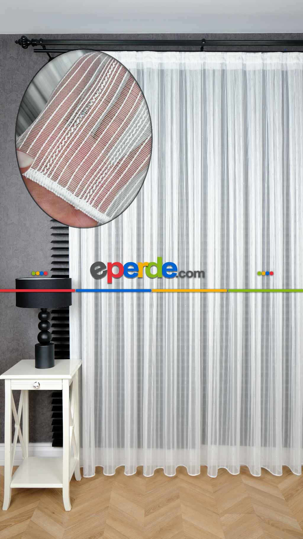 Ekru Zincir Çizgilli Gümüş Simli Tül Perde