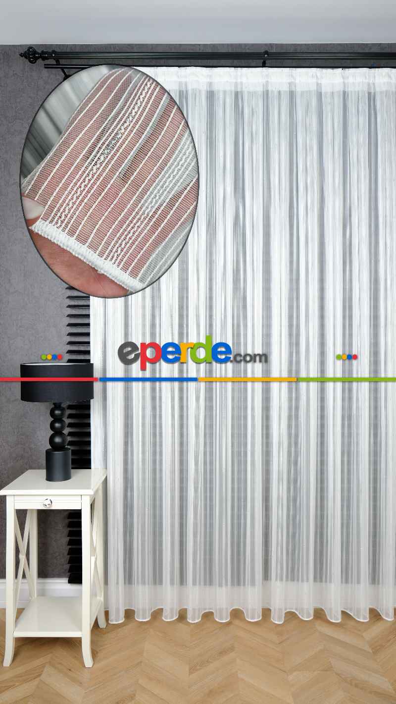 Ekru Zincir Çizgilli Gümüş Simli Tül Perde