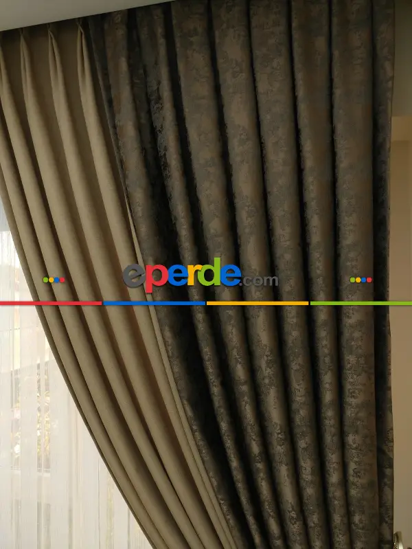 Açık Koyu Kahve Renk Kombinli Desenli Fon Perde- Kahve Koyu-sütlü Kahve