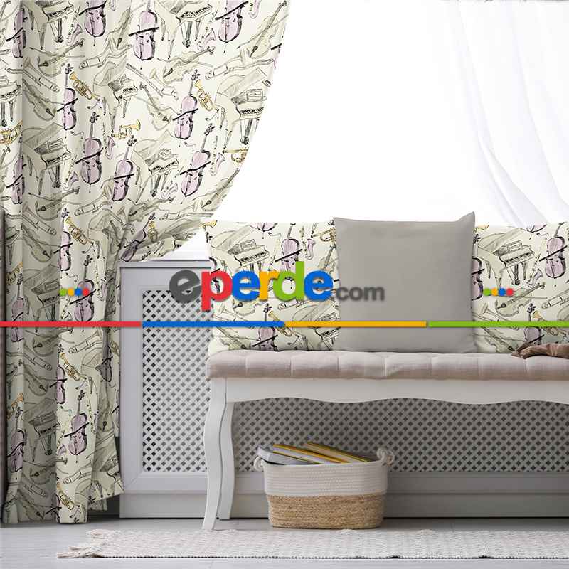 Müzik Desenli Fon Perde Evim649 Kumaşı Kalındır Duck Bezi Değildir- Mavi-beyaz