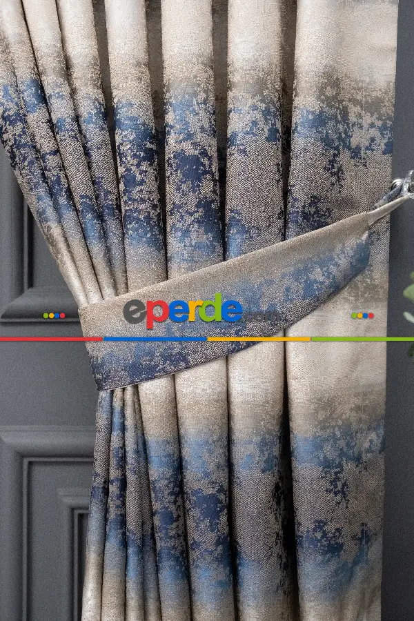 Patinedesenli Gökkuşağı Desen Koyu Lacivert Bej Jakar Fon Perde