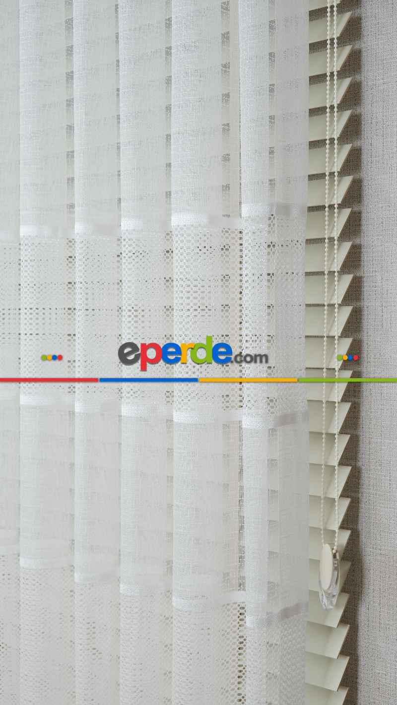 Ekru Çizgili Bantlı Keten Şantuk Tül Perde, Ağır Gramajlı Premium Seri