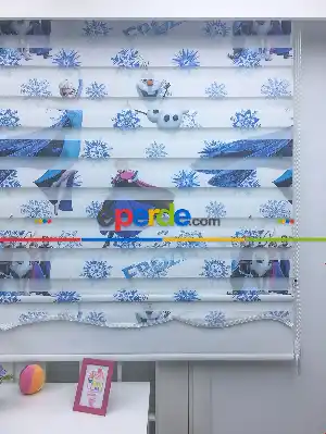 Çocuk Odası - Disney Frozen Karlar Ülkesi Baskılı Zebra Perde- Mavi