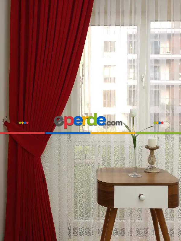 Kırmızı Düz Sade Mutfak Fon Perde Yan Kanat Perdesi- Kırmızı
