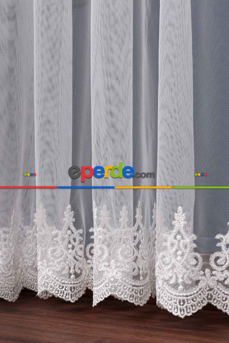 Grek Etek Ucu İşlemeli Nakış Tül Arne Desen Kırık Beyaz