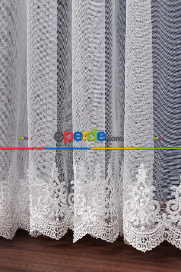 Mutfak Grek Etek Ucu İşlemeli Nakış Tül Arne Desen Kırık Beyaz