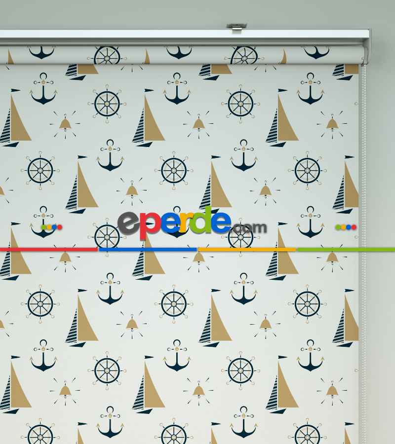 Çocuk Odası - Yelkenli Baskılı Stor Perde- Mavi-Beyaz-Hardal Sarısı