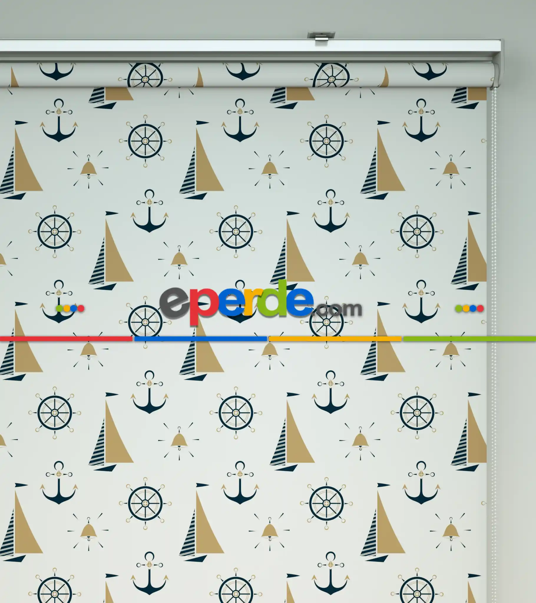 Yelkenli Baskılı Stor Perde- Mavi-beyaz-hardal Sarısı