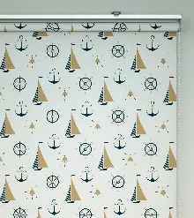 Yelkenli Baskılı Stor Perde- Mavi-beyaz-hardal Sarısı