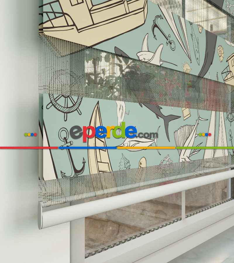 Deniz Temalı Baskılı Zebra Perde- Çok Renkli