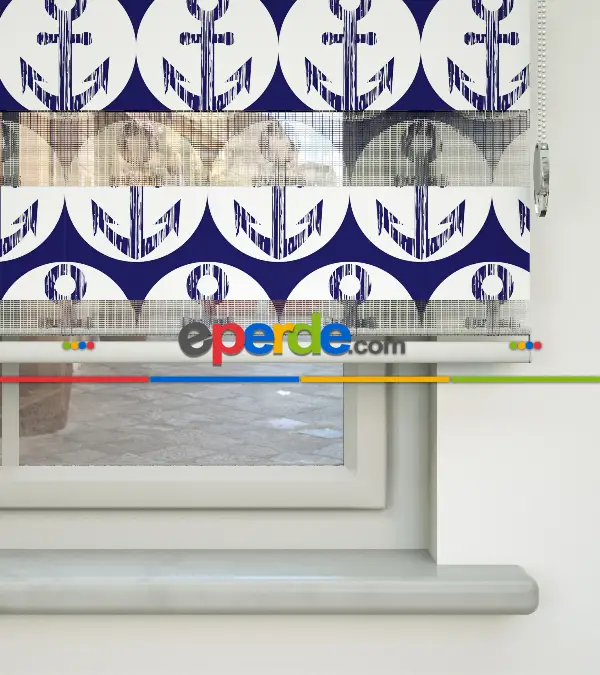 Çocuk Odası Zebra Perde - Çapa Baskılı Zebra Perde- Lacivert-Beyaz