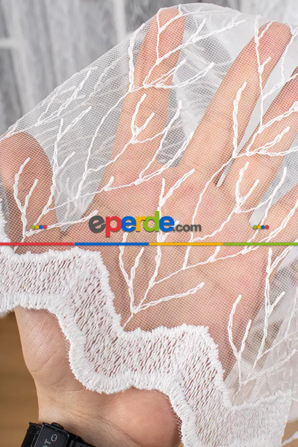 Salon - Kuru Dal Brode Tül Perde - Ekru