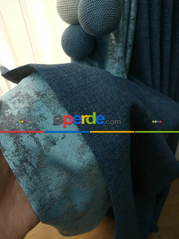 Mavi Lacivert Renk Kombinli Desenli Fon Perde- Lacivert-mavi