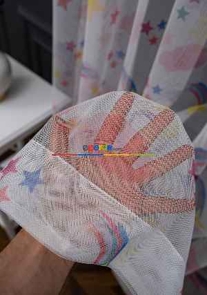 Hazır Ölçülü Petek Zemin Mavi Ve Yeşil Renkli Gökkuşağı Desenli Grek Baskılı Tül Perde