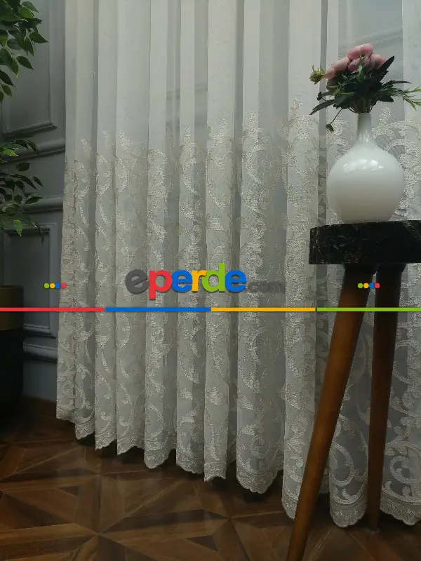 Salon Eteği Duble Nakış İşlemeli Tül Perde Ikon 2021- Krem-Krem Açık