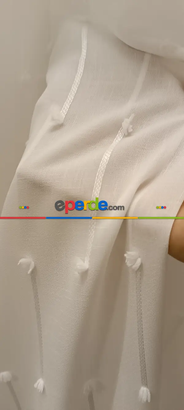 Salon - Yeni Nesil Ponpon Saçak Detaylı Tül Perdeler Ekru Renk