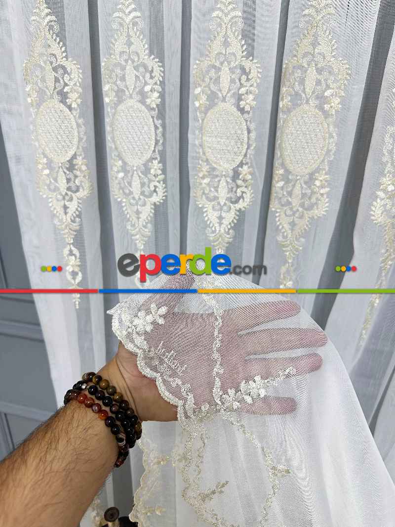 Brillant Ayna Desen Gold İşlemeli Tül Perde