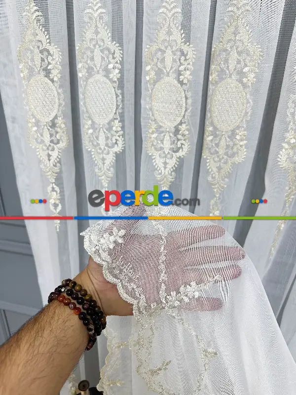 Brillant Ayna Desen Gold İşlemeli Tül Perde