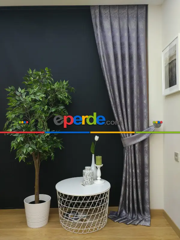 Dikiş Fiyata Dahildir - Mor Dalga Desenli Jakar Fon Perde- Mor