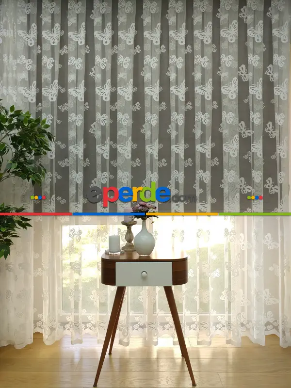 Çocuk Odası Tül Perde - Kelebek Tül Perde- Ekru