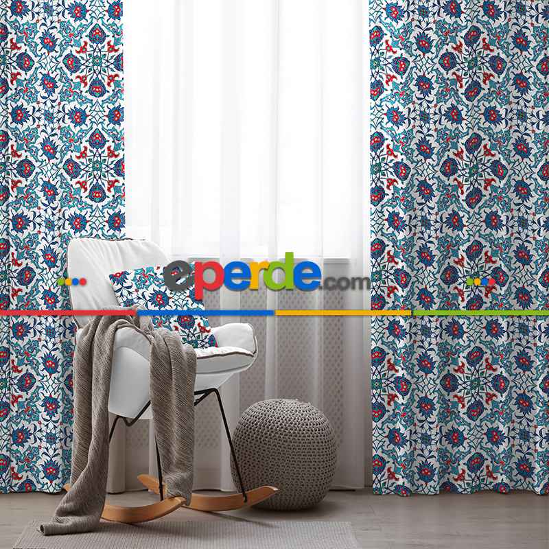 Etnik Desenli Fon Perde Evim306 Kumaşı Kalındır Duck Bezi Değildir- Mavi-beyaz
