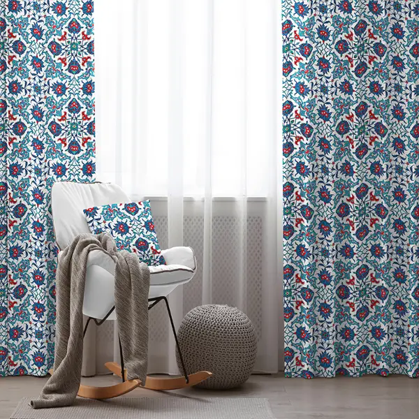 Etnik Desenli Fon Perde Evim306 Kumaşı Kalındır Duck Bezi Değildir- Mavi-beyaz