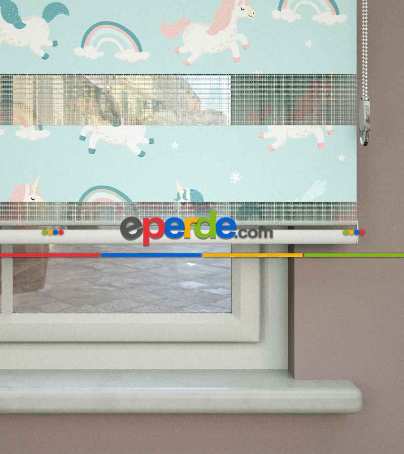 Unicorn Desenli Baskılı Zebra Perde- Çok Renkli