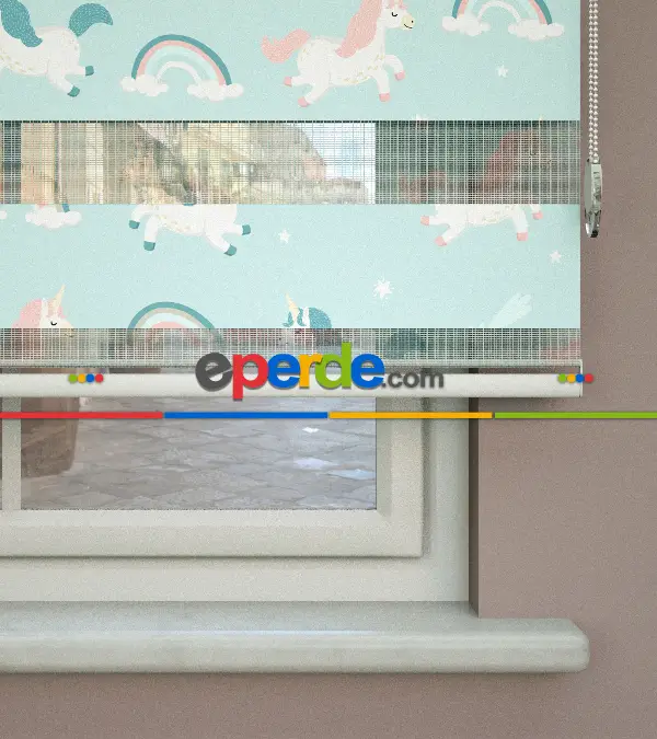 Unicorn Desenli Baskılı Zebra Perde- Çok Renkli