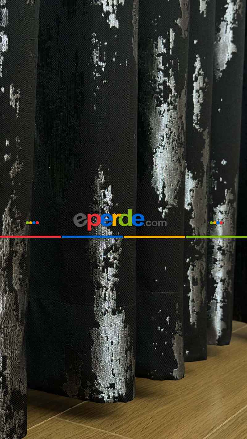 Qashe Marka Siyah Gümüş Fon Perde, Patine Desenli Jakar Dokuma Fon Perde - Ağır Gramajlı Premium Seri