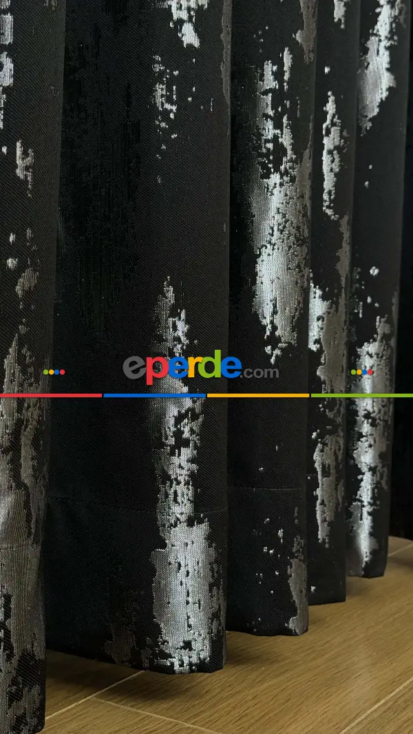 Qashe Marka Siyah Gümüş Fon Perde, Patine Desenli Jakar Dokuma Fon Perde - Ağır Gramajlı Premium Seri