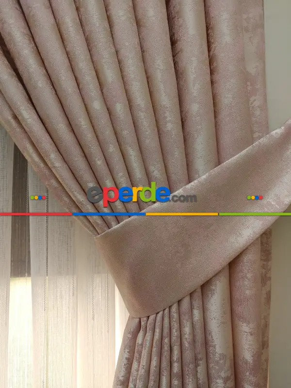 Pudra Renk Jakar Desenli Fon Perde- Pudra