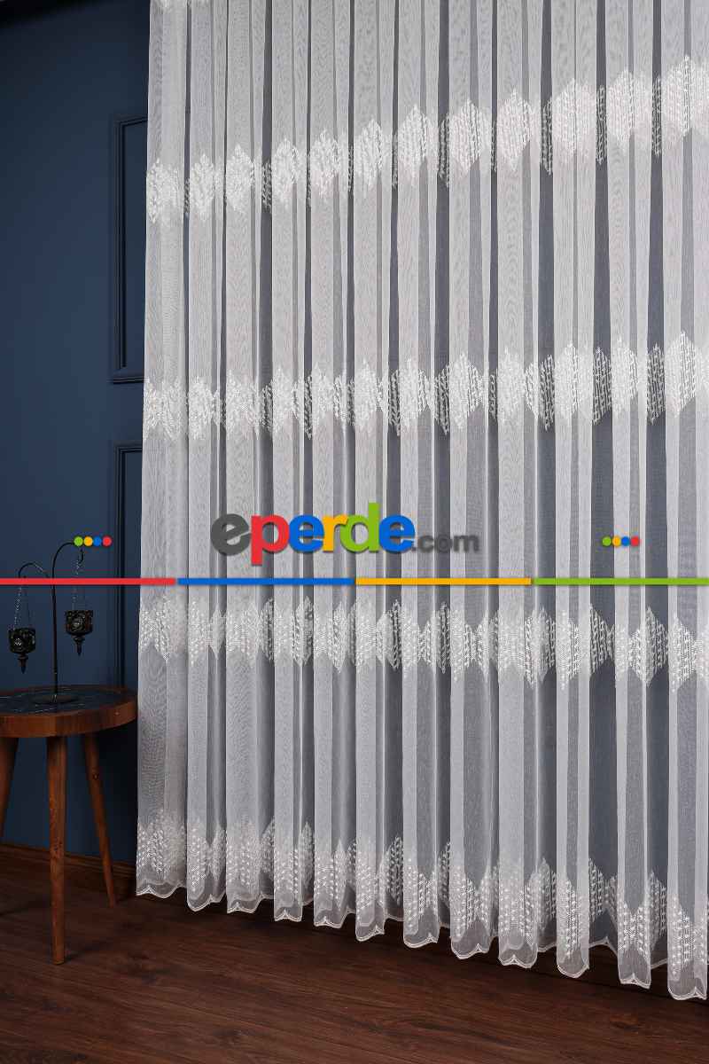 Salon Tül - Yaprak Tt Zemin Brode Nakış İşlemeli Tül Perde