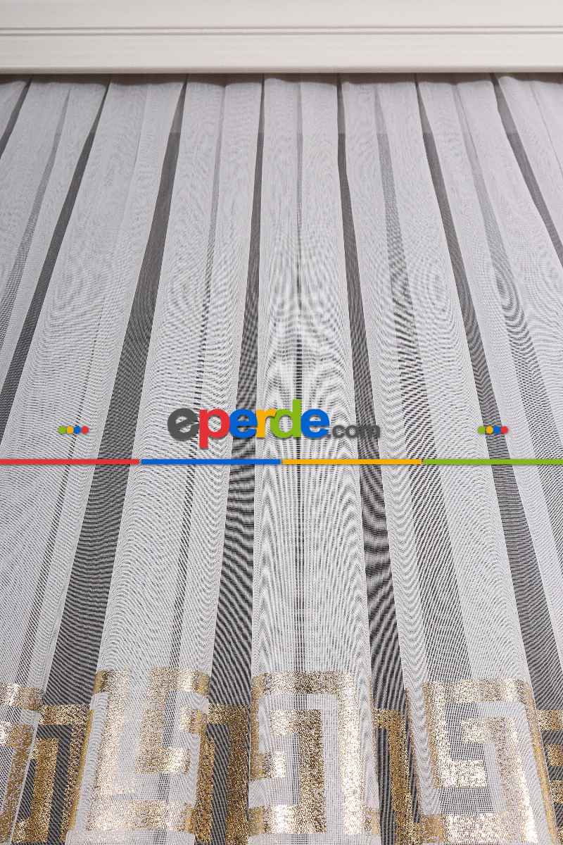 Yatak Odası - Enine Bantlı Ekru-gold Detaylı Tt Zemin Tül Perde