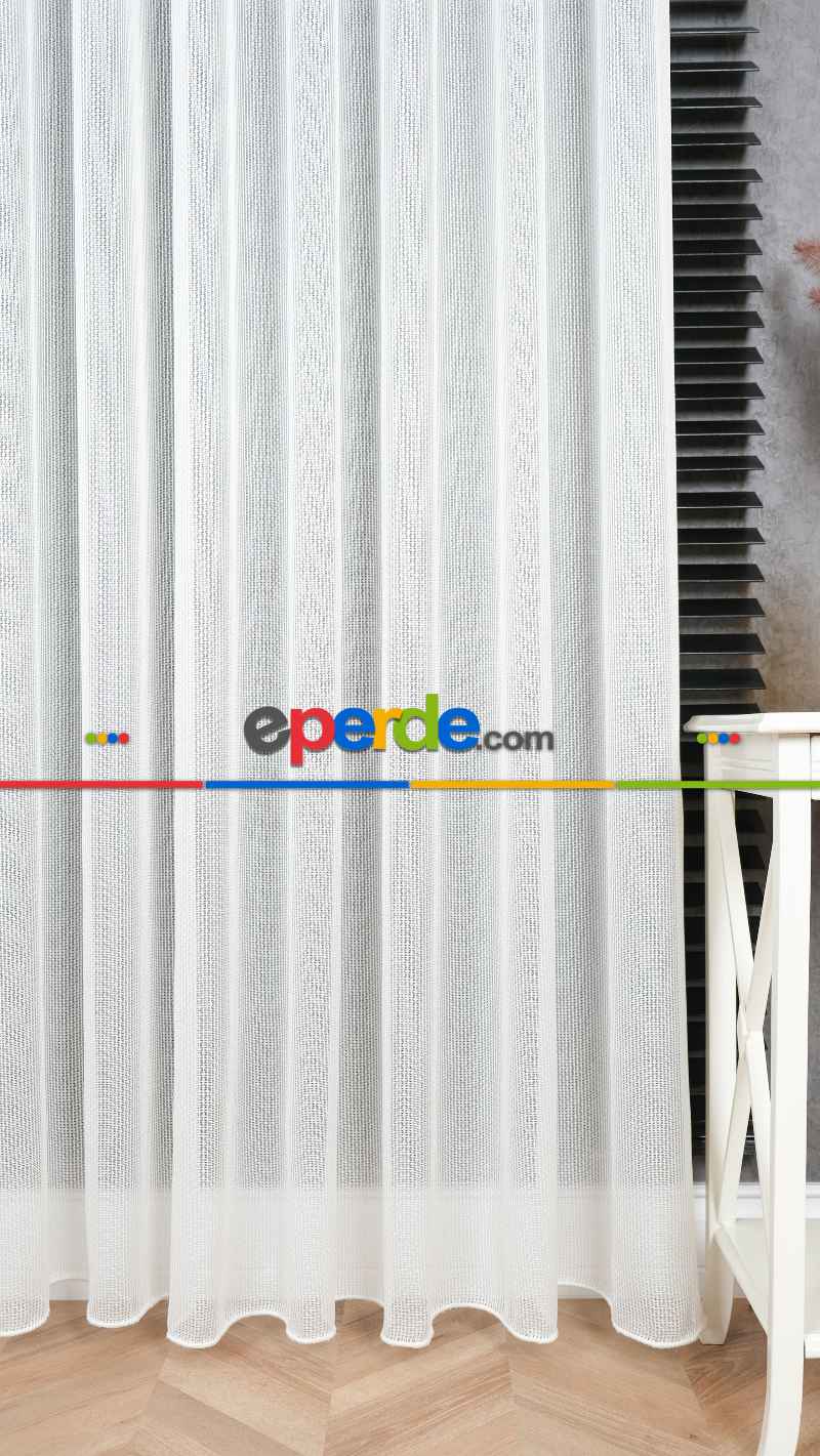Ekru Çizgili Tül Perde, Ağır Gramajlı Premium Seri, Eteği Kurşunlu