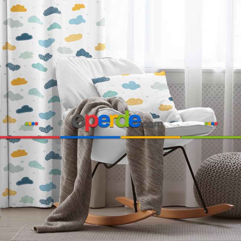 Bulut Desenli Fon Perde Evim809 Kumaşı Kalındır Duck Bezi Değildir- Mavi-beyaz