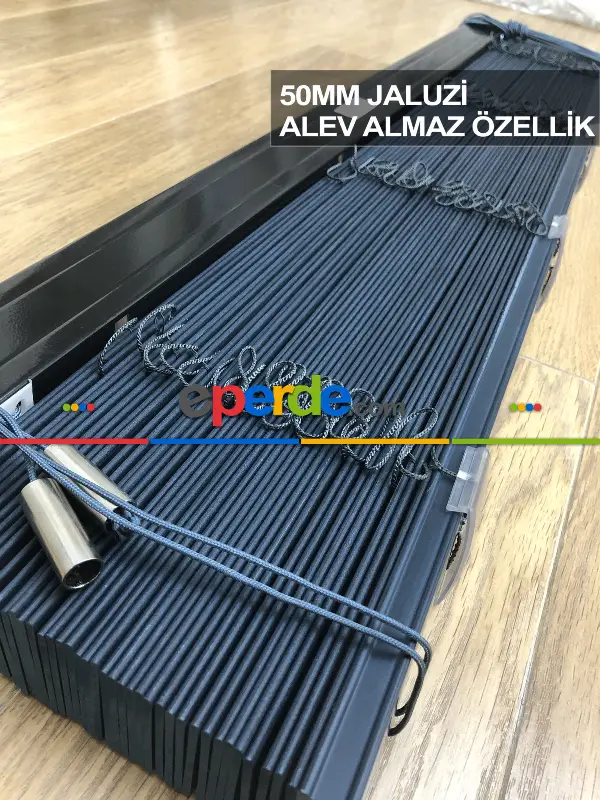 50mm Lacivert Ahşap Efektli Polywood Jaluzi Perde Alev Almaz Özellik- Lacivert