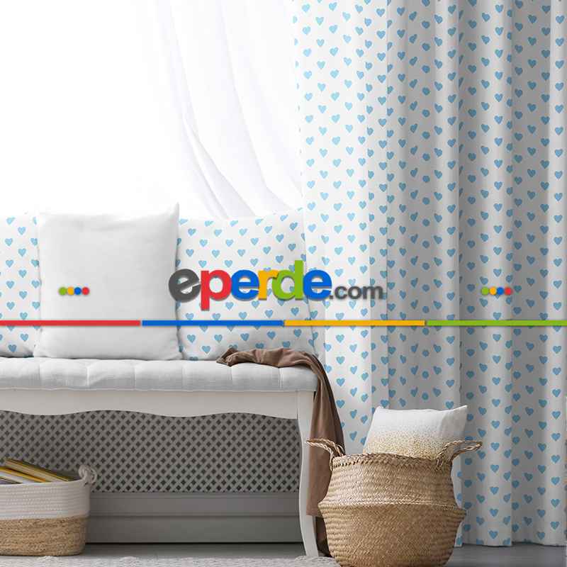 Çocuk Fon Perde Evim1616-5 Kumaşı Kalındır Duck Bezi Değildir- Mavi-beyaz