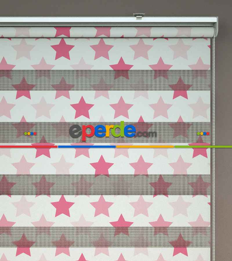 Yıldız Desenli Baskılı Zebra Perde- Pembe-çok Renkli