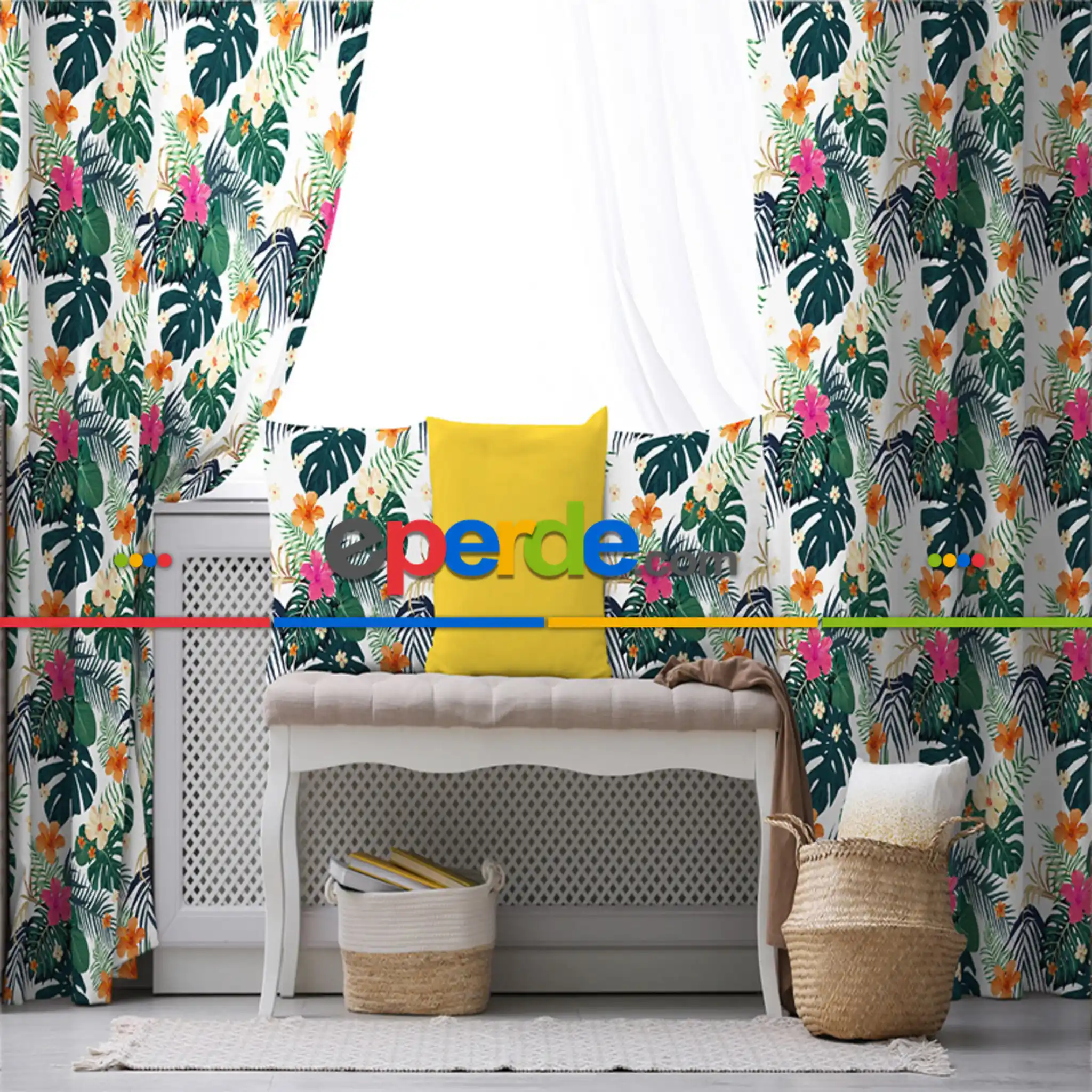 Tropikal Desenli Fon Perde Evim1575 Kumaşı Kalındır Duck Bezi Değildir- Mavi-beyaz