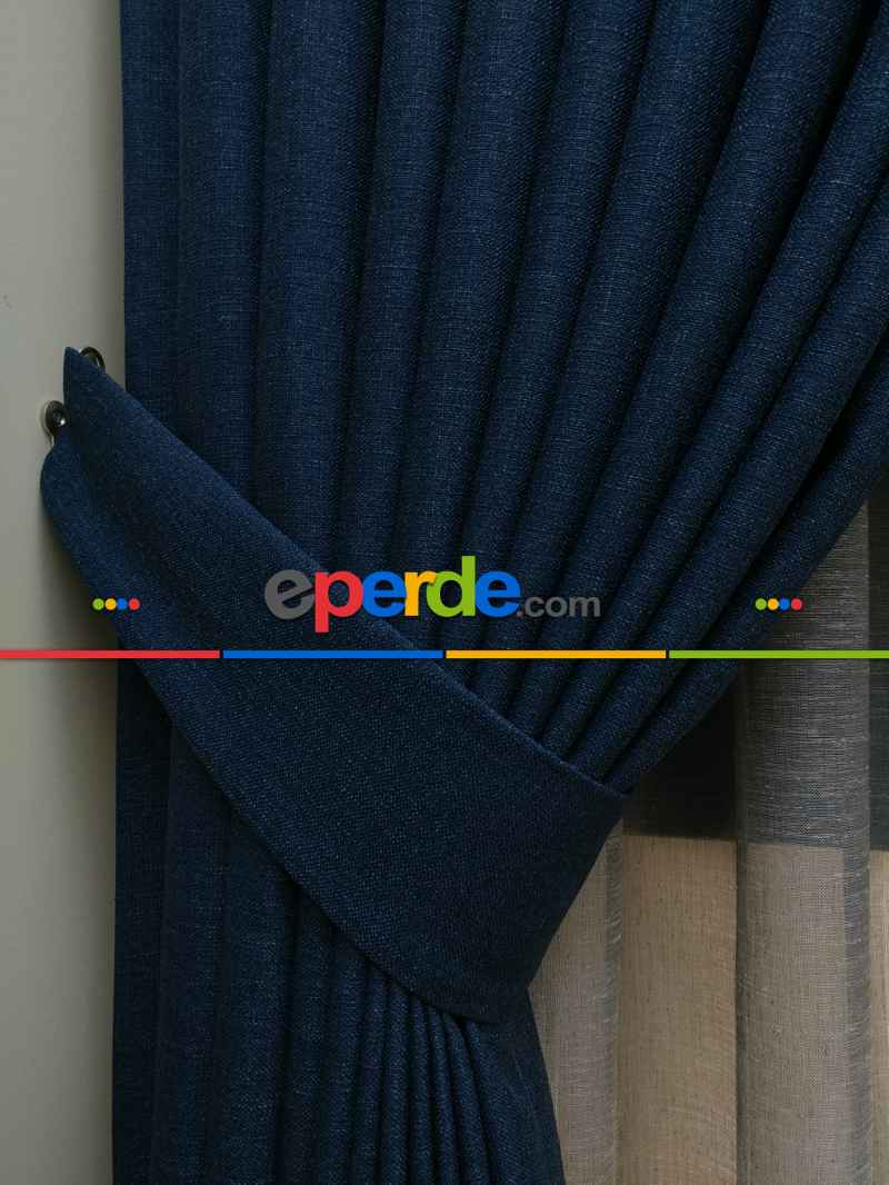 Keten Lacivert Renk Düz Fon Perde- Lacivert
