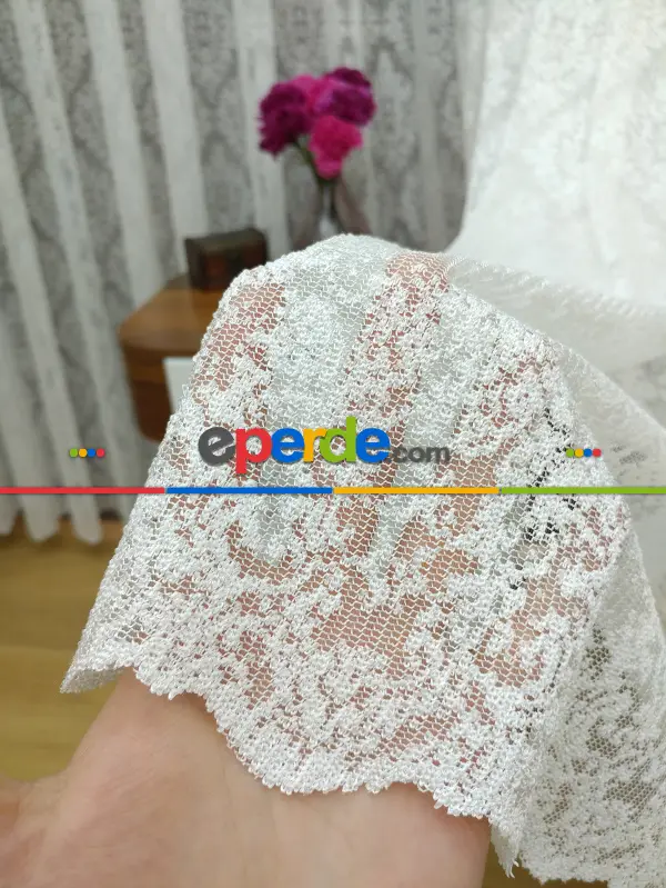 Kdk Örme Dantel Damask Desenli Tül Perde - Krem - Ekru